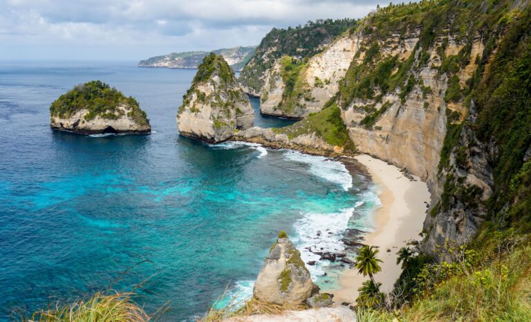 An aerial view of a picturesque Nusa Penida island in Indonesia with blissful waters